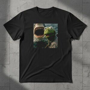 Funny Frog and Shark Graphic T-Shirt Meme Style Tee Edgy Humor Unisex Black